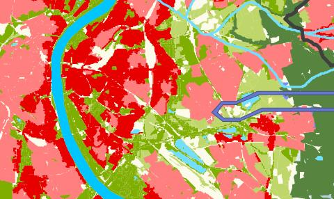 Ein Kartenausschnitt auf dem in Grün- und Rottönen verschiedene Stadtbereiche markiert sind.